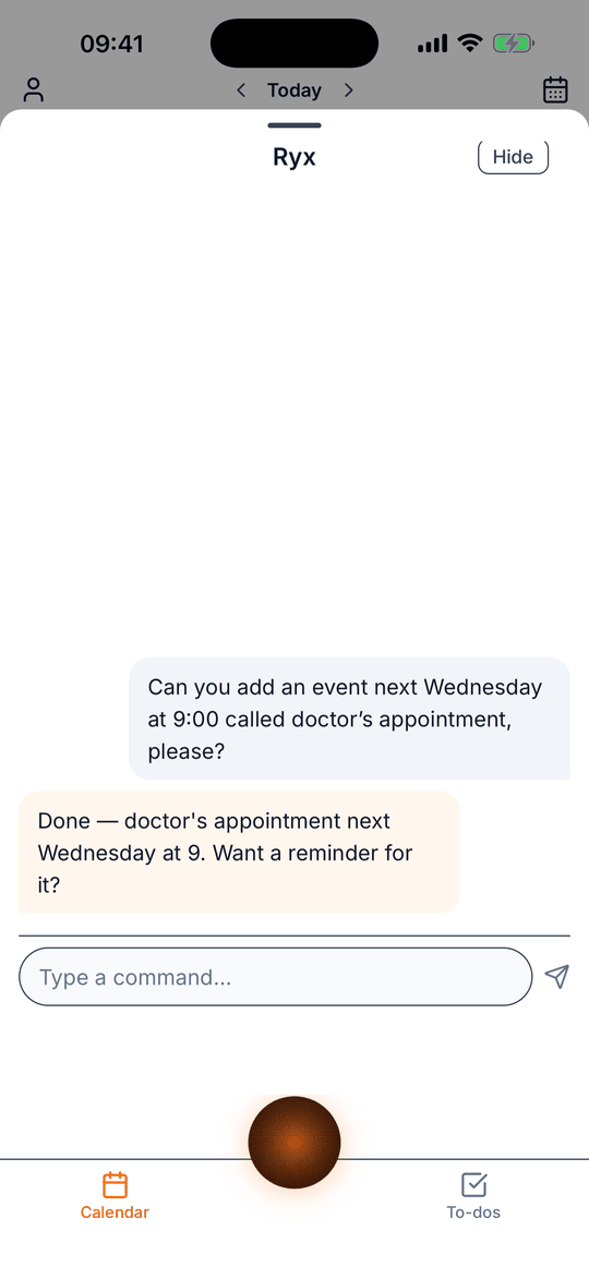 The RYX conversation screen. The user has typed: Can you add an event next Wednesday at 9:00 called doctor's appointment, please? RYX replies: Done, doctor's appointment next Wednesday at 9. Want a reminder for it?
