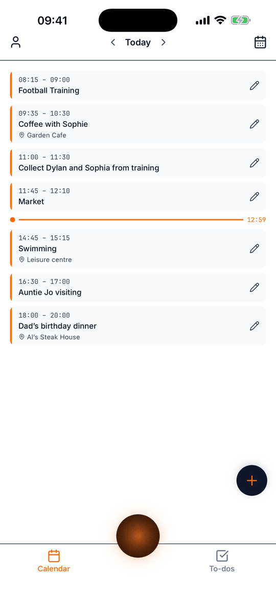 The RYX day view for today, listing seven timed events from Football Training at 8:15 to Dad's birthday dinner at 6 pm, some with places such as Garden Cafe and Leisure centre, with an orange line marking the current time.