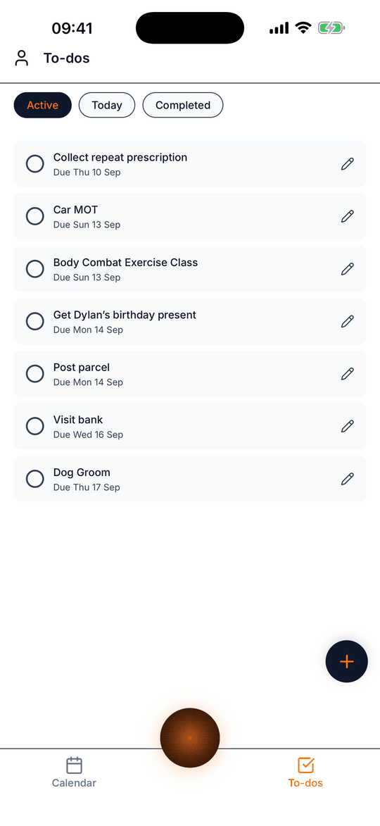 The RYX to-dos screen showing the Active list: seven tasks with due dates, including Collect repeat prescription, Car MOT, Get Dylan's birthday present and Dog Groom, each with an empty tick circle.